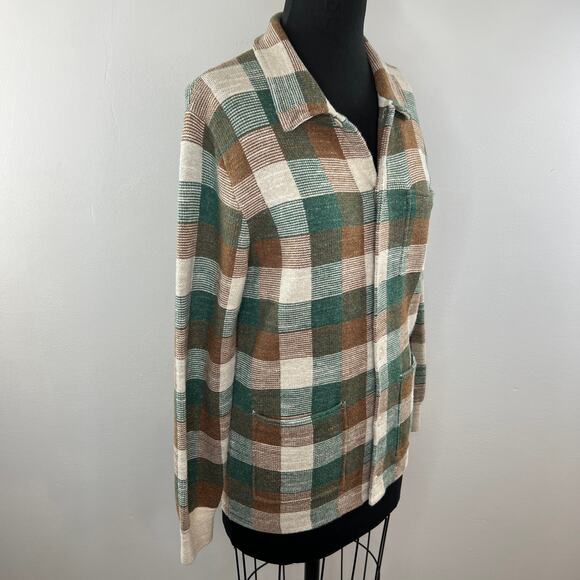 Knit for J.Crew Brown Green Wool Plaid Button-Up Sweater Shaket Collar BC594 XS - Picture 2 of 7